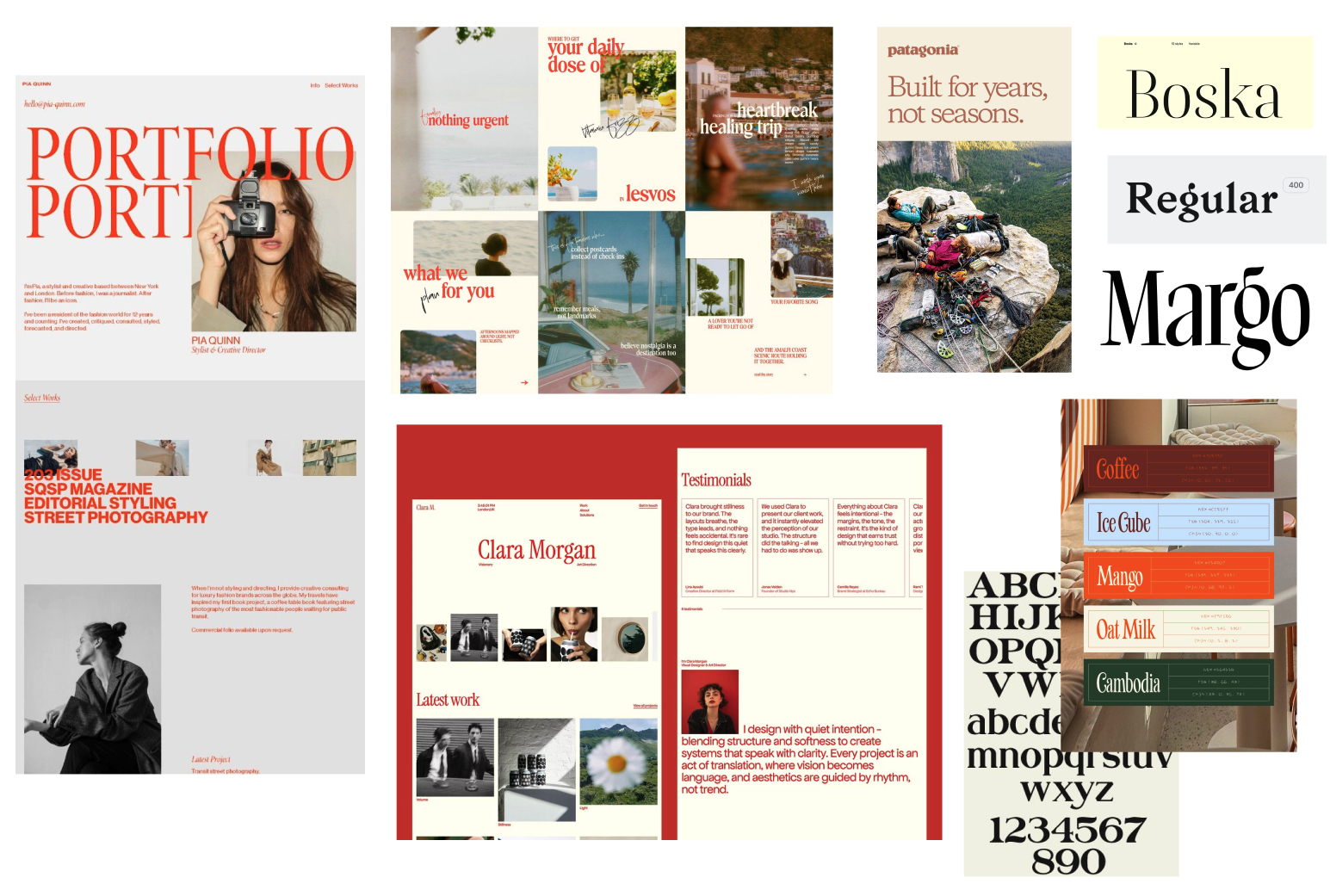 The Byline moodboard — collage of references: Pia Quinn editorial portfolio site, mixed editorial postcards collage, Patagonia 'Built for years, not seasons' layout, Boska / Margo serif type specimens, Clara Morgan visionary art director site on vermillion red, colored coffee/oat milk/cambodia label cards, sans-serif alphabet specimen.
