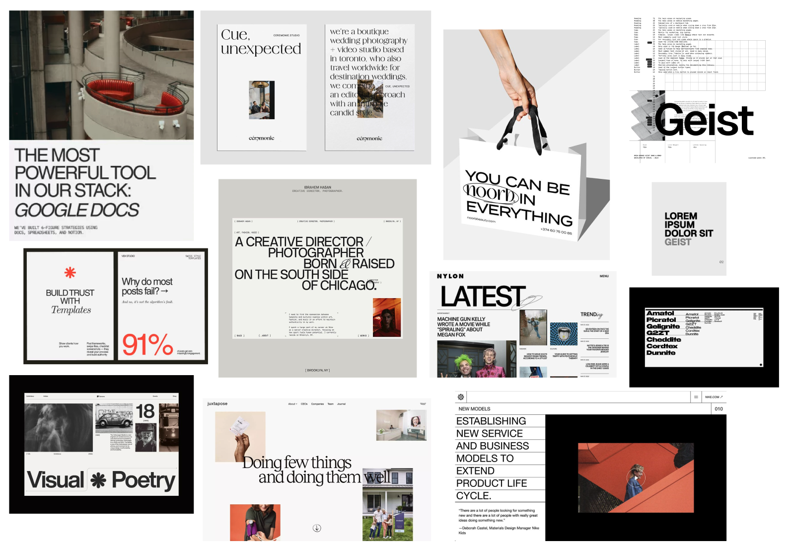 The Mark moodboard — collage of references: oversized bold-caps editorial layouts, Google Docs as design tool, Geist mono / sans typeface specimens, noor.b shopping bag with serif accent, 91% statistic with red asterisk, creative director portfolio in bold grotesque, Nylon LATEST cover, Nike new-models page on white with bold caps, Visual Poetry / Doing few things well editorial sites.